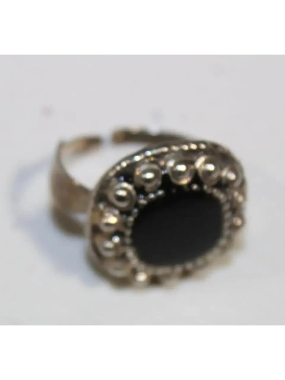Vintage Sterling Silver Black Onyx Cabochon Ring - Ornate Beaded